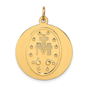14k Yellow Gold Blessed Virgin Mary Miraculous Medal Round Pendant Charm