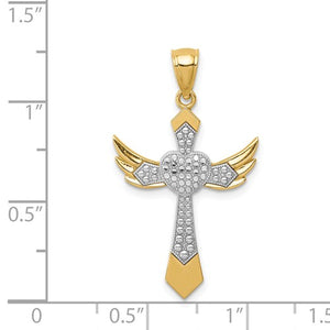 14k Yellow Gold with Rhodium Cross Angel Wings Pendant Charm