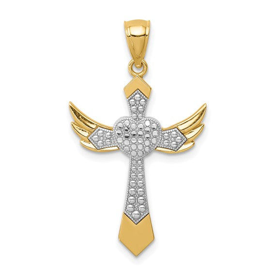 14k Yellow Gold with Rhodium Cross Angel Wings Pendant Charm