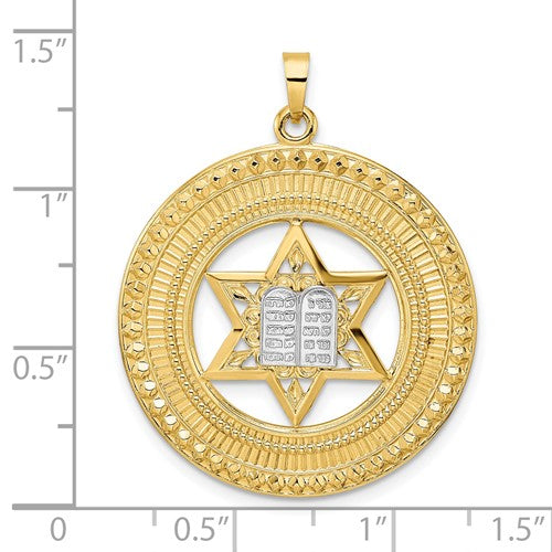 14K Yellow White Gold Two Tone Star of David Torah Circle Round Pendant Charm