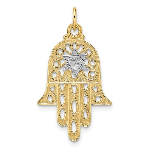 14K Yellow Gold and Rhodium Hamsa Chamseh Star of David Pendant Charm