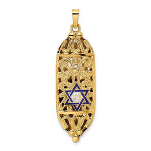 14K Yellow Gold Enamel Mezuzah with Star of David Pendant Charm