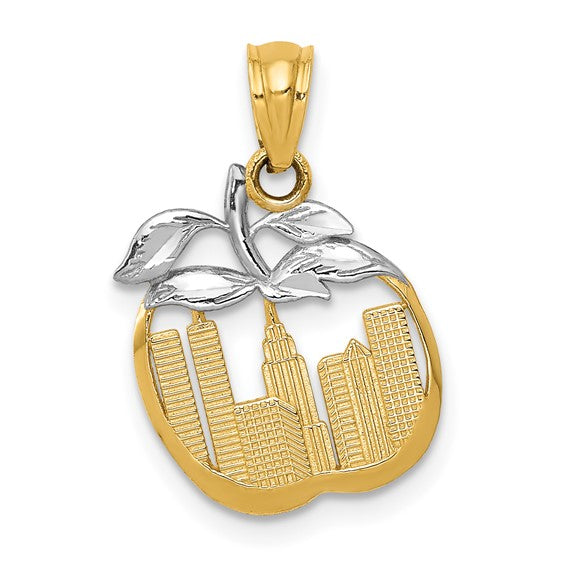 14K Yellow Gold and Rhodium New York City Skyline NY Empire State Apple Pendant Charm