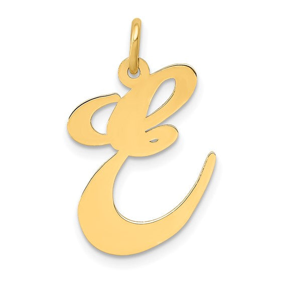 14k yellow gold initial letter e cursive script alphabet pendant charm