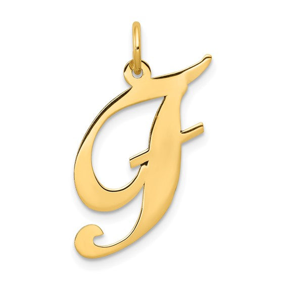 14K Yellow Gold Initial Letter F Cursive Script Alphabet Pendant Charm