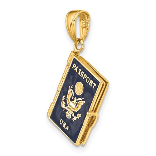 14k Yellow Gold Enamel USA Passport 3D Opens Pendant Charm