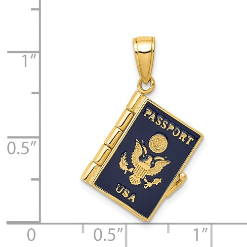 14k Yellow Gold Enamel USA Passport 3D Opens Pendant Charm
