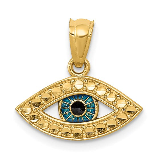 14K Yellow Gold Enamel Diamond Cut Eye Pendant Charm