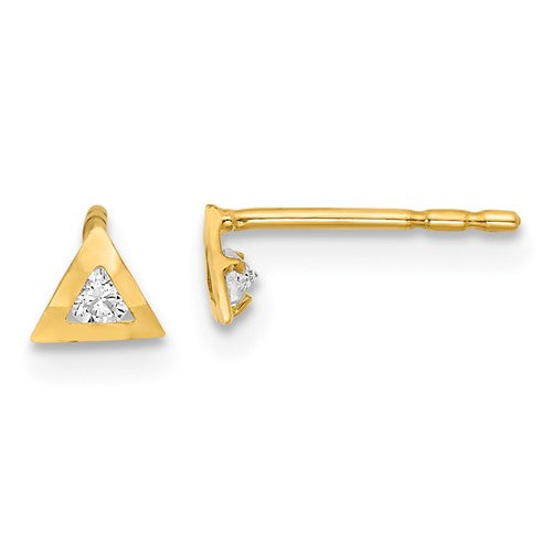 14K Yellow Gold CZ Triangle Hammered Geo Style Tiny Petite Post Stud Earrings