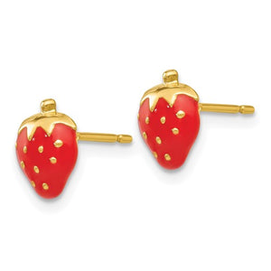 14k Yellow Gold Enamel Strawberry Stud Earrings Post Push Back
