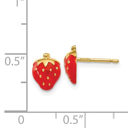 14k Yellow Gold Enamel Strawberry Stud Earrings Post Push Back