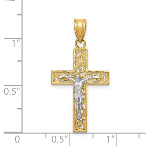 14k Gold Two Tone Cross Crucifix Filigree Pendant Charm - [cklinternational]