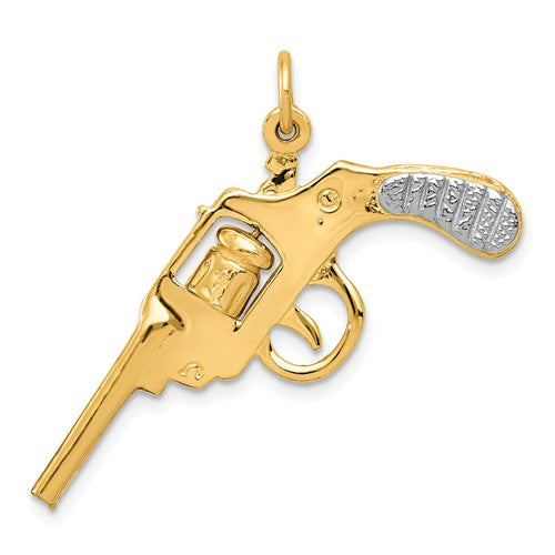 14k Yellow Gold Rhodium  Pistol Revolver Gun 3D Pendant Charm