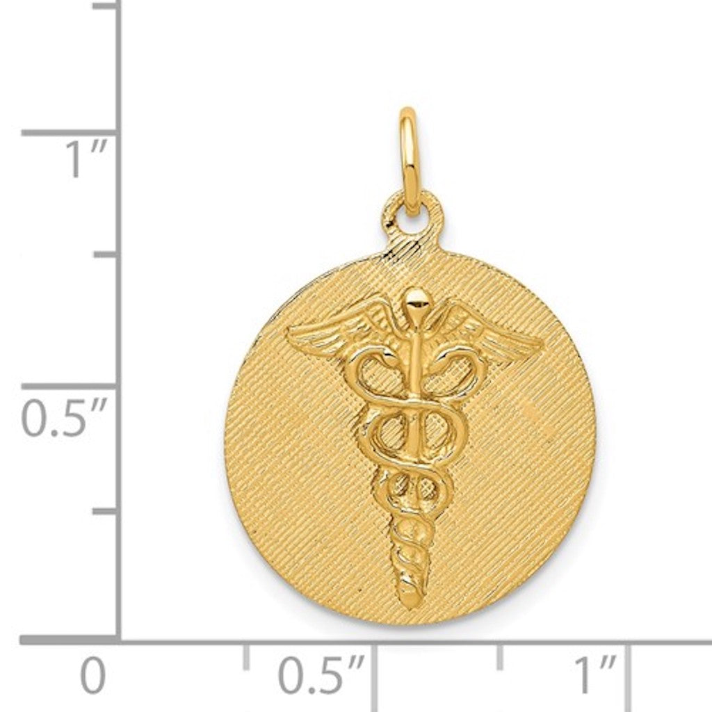 14k Yellow Gold Medical Caduceus Symbol Disc Pendant Charm