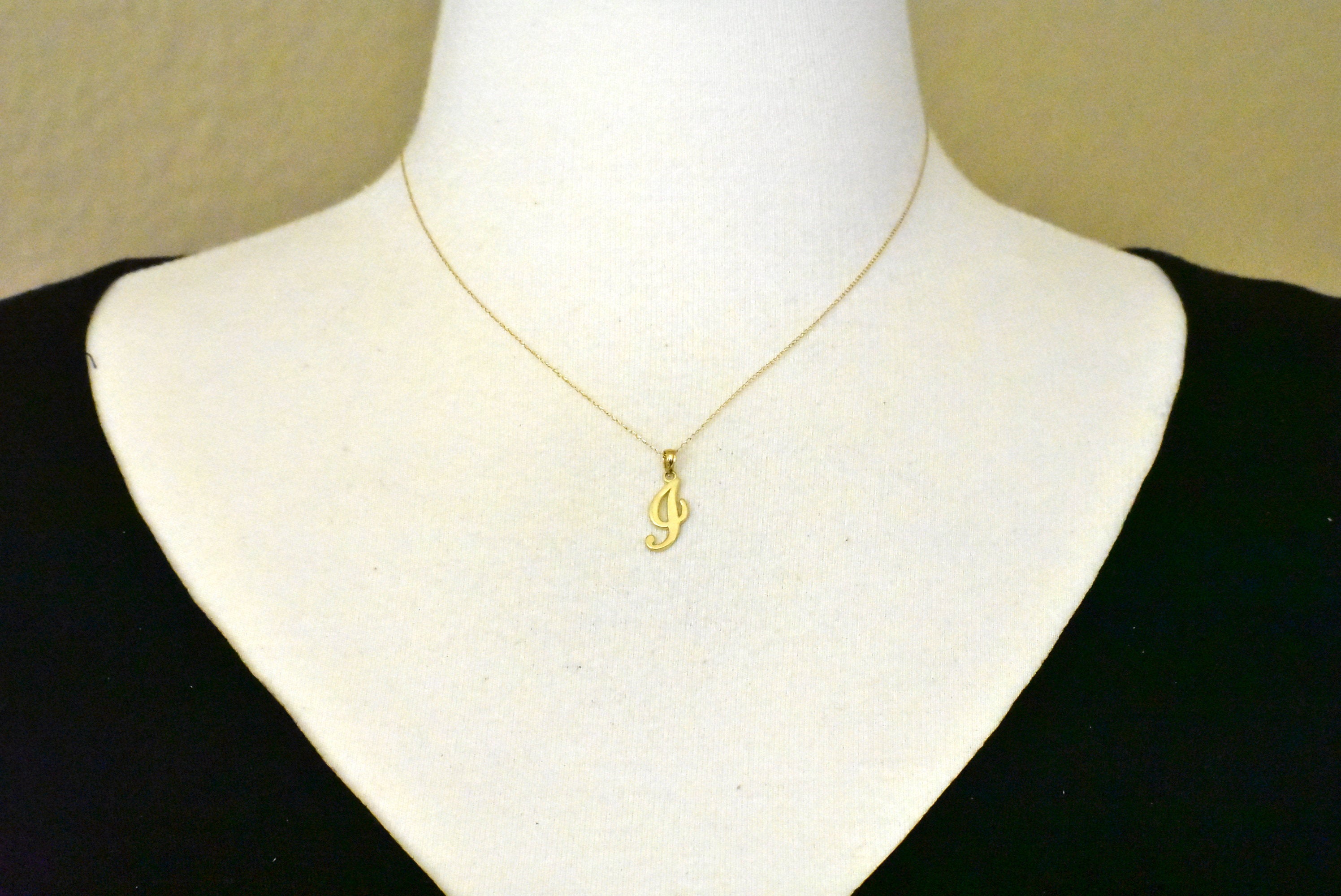 14K Yellow Gold Script Initial Letter I Cursive Alphabet Pendant Charm