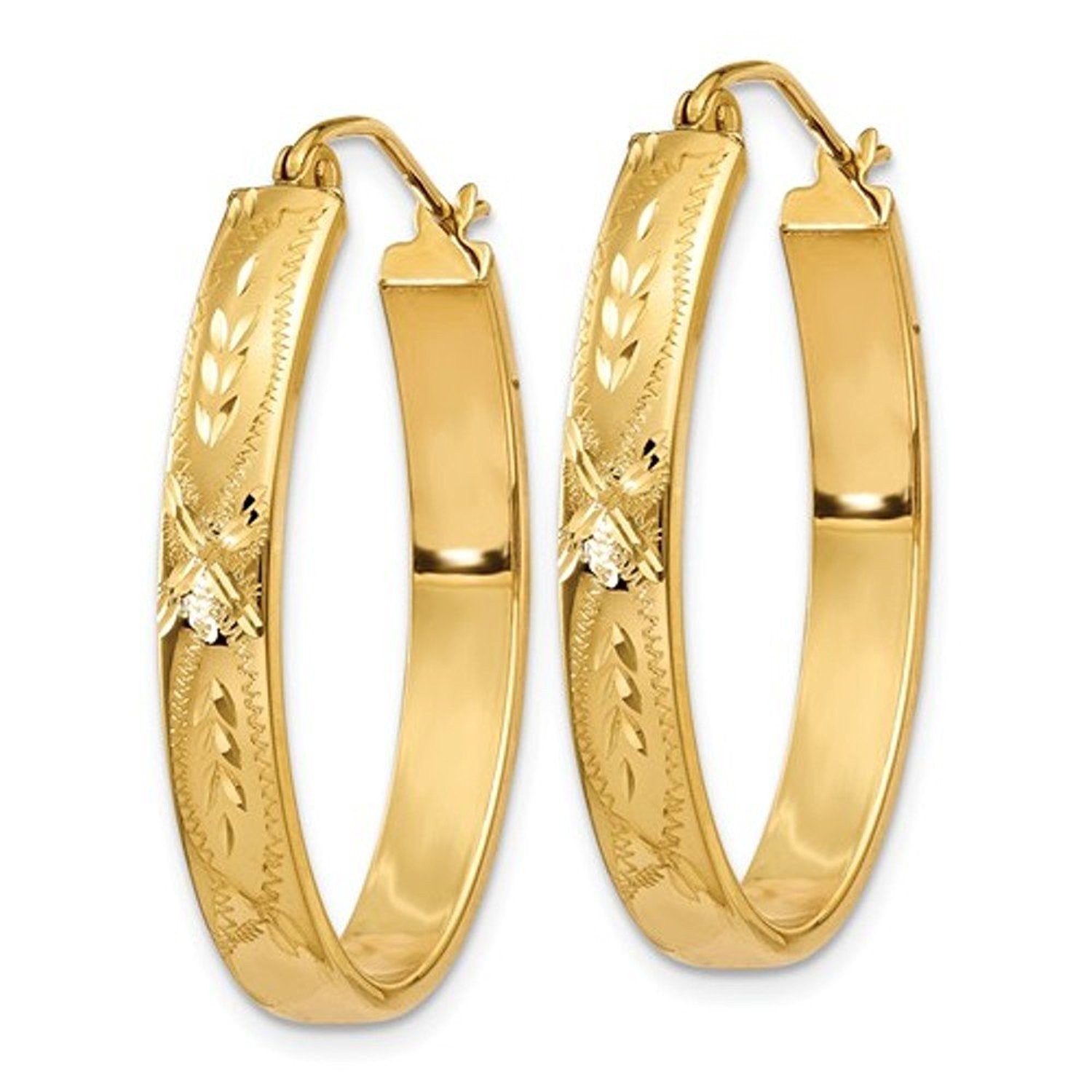 14k Yellow Gold Classic Oval with Floral Design Hoop Earrings