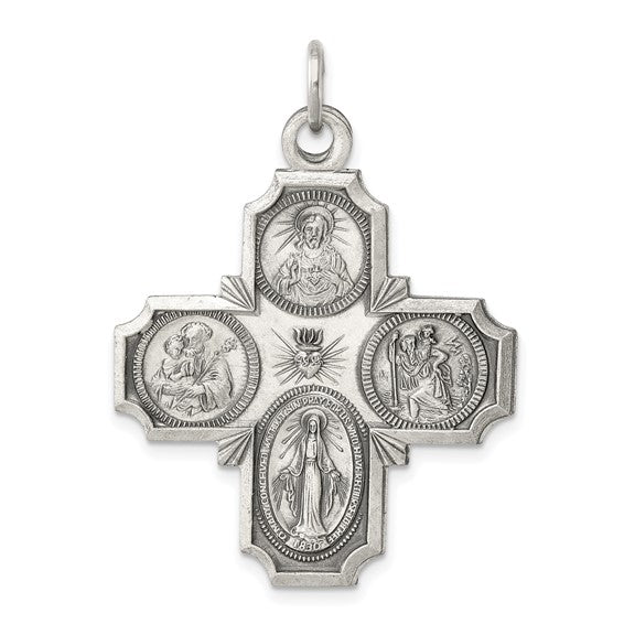 Sterling Silver Cruciform Cross Four Way Medal Antique Style Pendant Charm