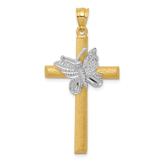 14K Yellow White Gold Two Tone Cross Butterfly Pendant Charm