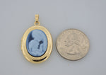 Φόρτωση εικόνας στο εργαλείο προβολής Συλλογής, 14k Yellow Gold Mother Child Blue Agate Cameo Oval Locket Pendant Charm Personalized Engraved Monogram
