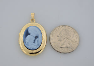 14k Yellow Gold Mother Child Blue Agate Cameo Oval Locket Pendant Charm Personalized Engraved Monogram