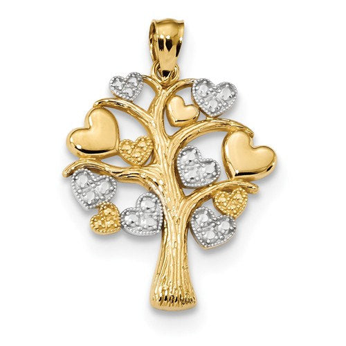 14k Yellow Gold and Rhodium Tree of Life Hearts Pendant Charm