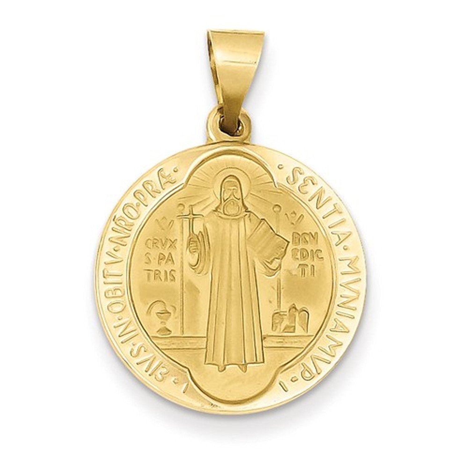 14k Yellow Gold Saint Benedict Round Medal Hollow Pendant Charm