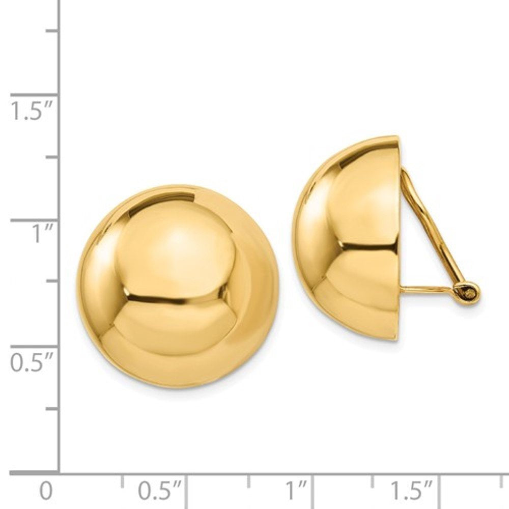 14k Yellow Gold Non Pierced Clip On Half Ball Omega Back Earrings 20mm