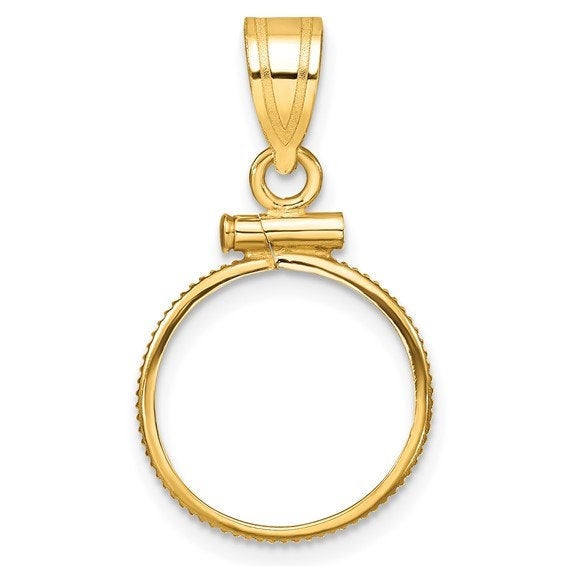 14k yellow gold holds 14mm coins or 1/20 oz maple leaf 1/20 oz panda 1/25 oz cat 1/20 oz kangaroo screw top coin holder bezel pendant