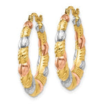 Lade das Bild in den Galerie-Viewer, 14k Yellow Rose Gold and Rhodium Tri Color Scalloped Twisted Round Hoop Earrings
