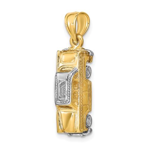 14k Yellow Gold Rhodium Taxi Cab Moveable Wheels 3D Pendant Charm