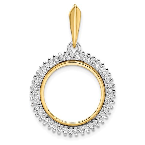 14K Gold Two Tone Diamond Holds 16mm Coins 1/10 oz Maple Leaf 1/10 oz Philharmonic 1/10 oz Australian Nugget 1/10 oz Kangaroo Coin Holder Bezel Prong Pendant Charm
