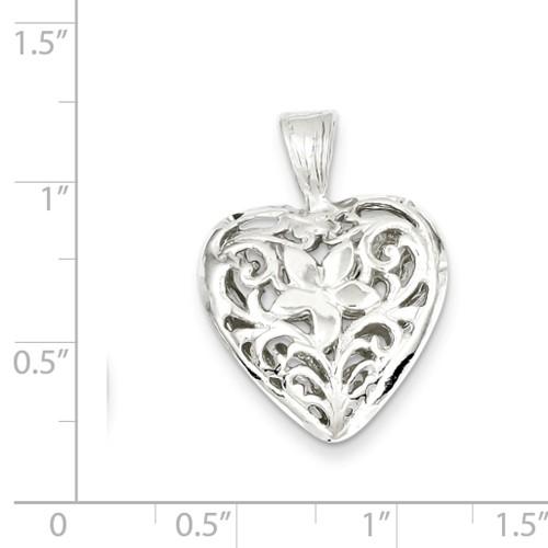 Sterling Silver Puffy Filigree Heart 3D Pendant Charm