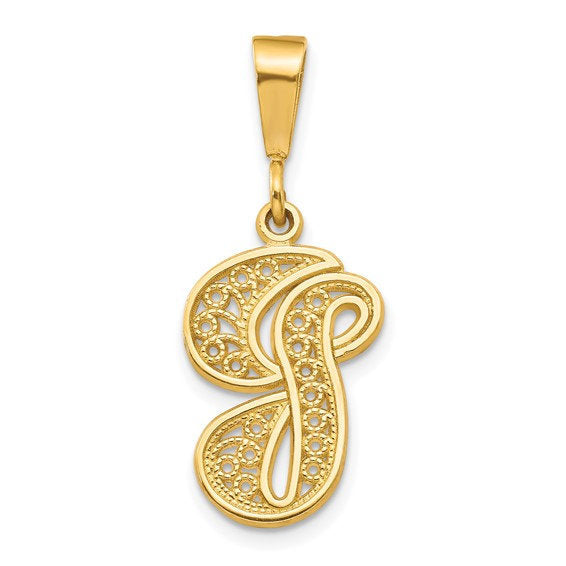 14k yellow gold initial letter g cursive script alphabet filigree pendant charm