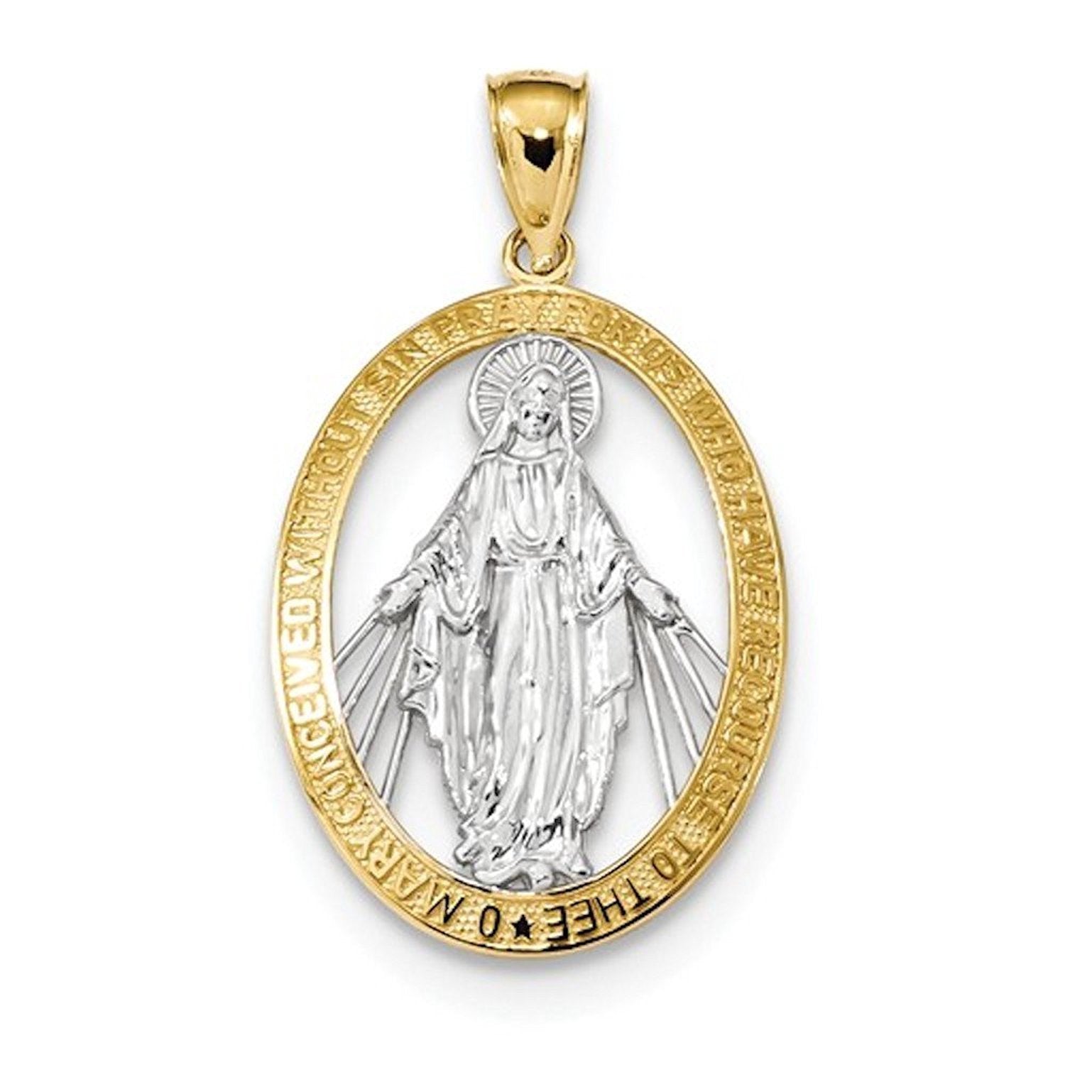 14k Yellow Gold and Rhodium Blessed Virgin Mary Miraculous Medal Oval Pendant Charm