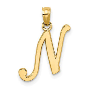 14K Yellow Gold Script Initial Letter N Cursive Alphabet Pendant Charm