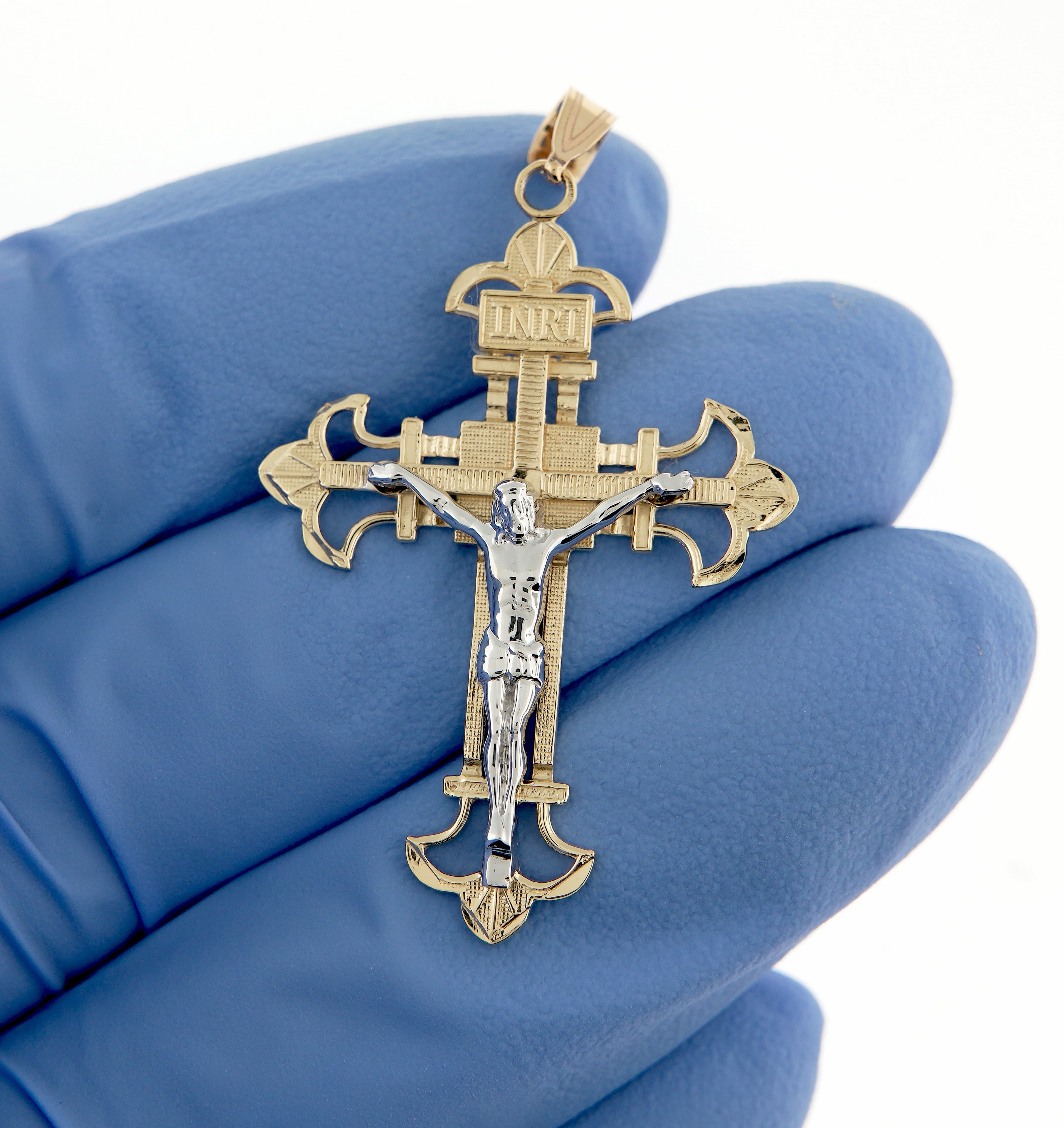 14k Gold Two Tone Crucifix Cross Large Pendant Charm