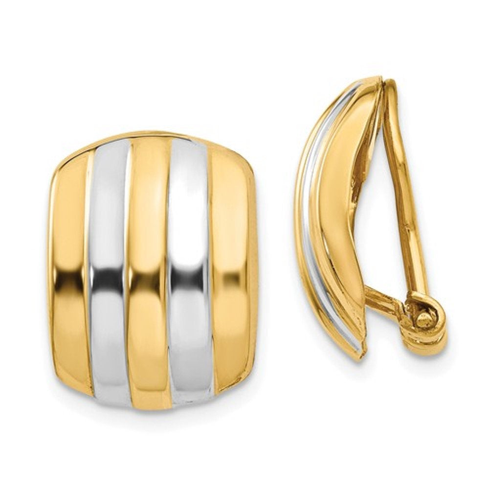 14K Yellow Gold and Rhodium Two Tone Non Pierced Clip On Omega Back Hoop Huggie Earrings
