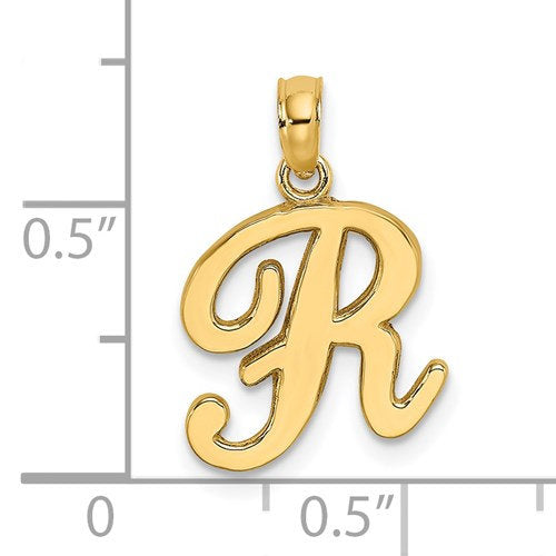 10K Yellow Gold Script Initial Letter R Cursive Alphabet Pendant Charm