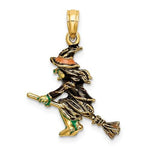 Charger l&#39;image dans la galerie, 14k Yellow Gold Halloween Flying Witch with Broom 3D Pendant Charm
