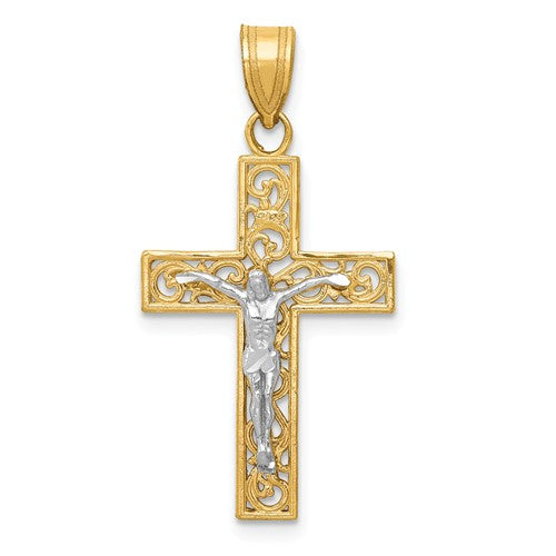 14k Gold Two Tone Cross Crucifix Filigree Pendant Charm - [cklinternational]