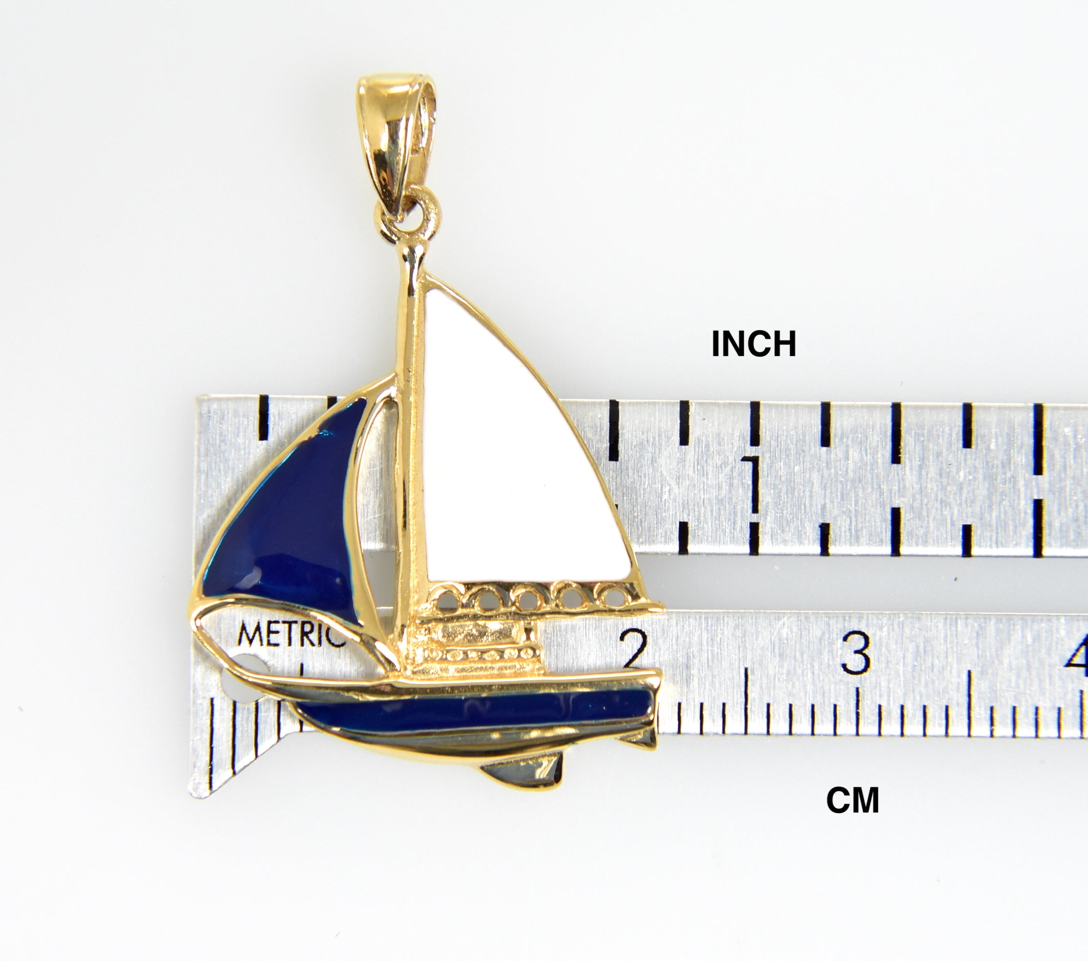 14k yellow gold enamel blue white sailboat pendant charm