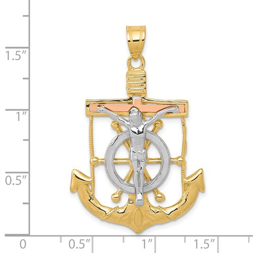 14K Yellow Rose White  Gold Tri Color Mariner Anchor Crucifix Cross Anchor Pendant Charm