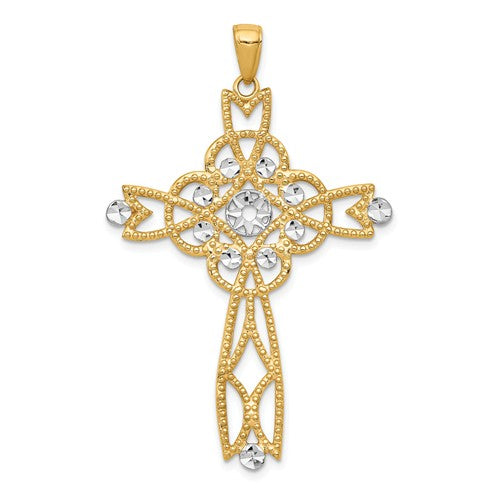 14k Yellow Gold with Rhodium Diamond Cut Beaded Cross Pendant Charm