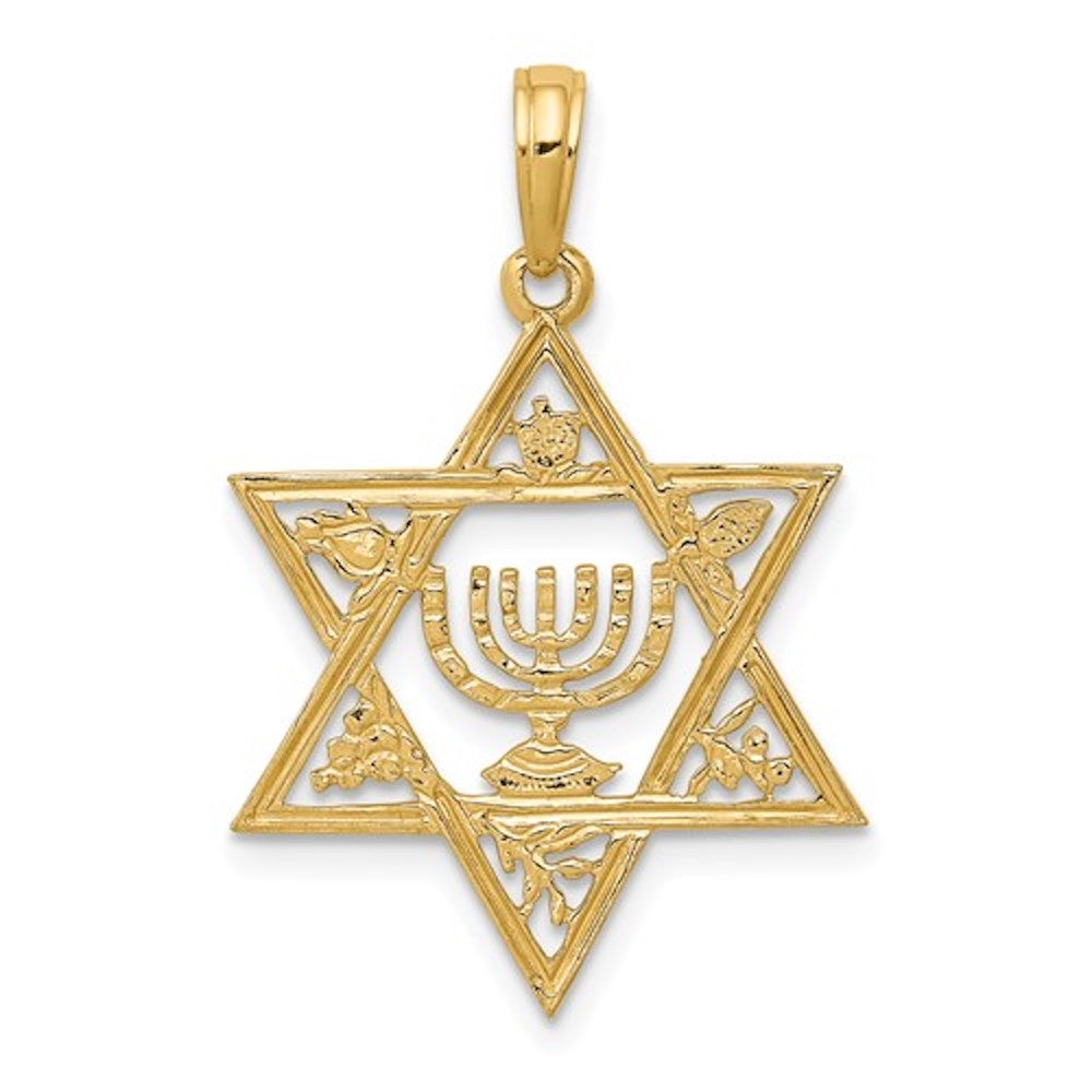 14k Yellow Gold Star of David Menorah Pendant Charm