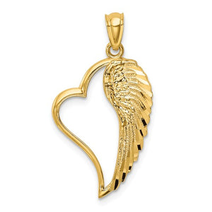 14k Yellow Gold Diamond Cut Angel Wing Heart Pendant Charm