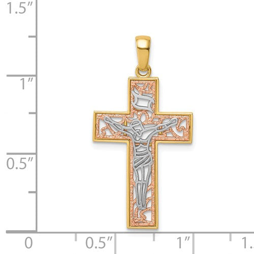 14k Yellow Rose Gold Rhodium Tri Color Cross Crucifix Pendant Charm