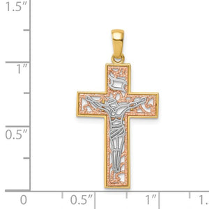 14k Yellow Rose Gold Rhodium Tri Color Cross Crucifix Pendant Charm