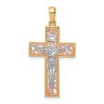 Indlæs billede til gallerivisning 14k Yellow Rose Gold Rhodium Tri Color Cross Crucifix Pendant Charm
