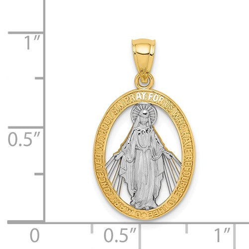 14k Yellow Gold and Rhodium Blessed Virgin Mary Miraculous Medal Oval Pendant Charm