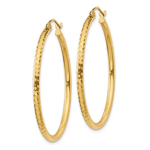 14K Yellow Gold Diamond Cut Round Hoop Textured Earrings 35mm x 2mm